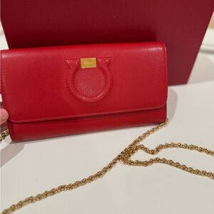 Salvatore Ferragamo Red Clutch with Gold Chain